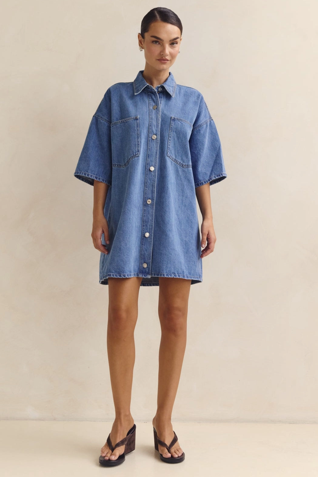 Parker Denim Shirt Dress (Blue) Embroidered-Sleeve Travel Edge
