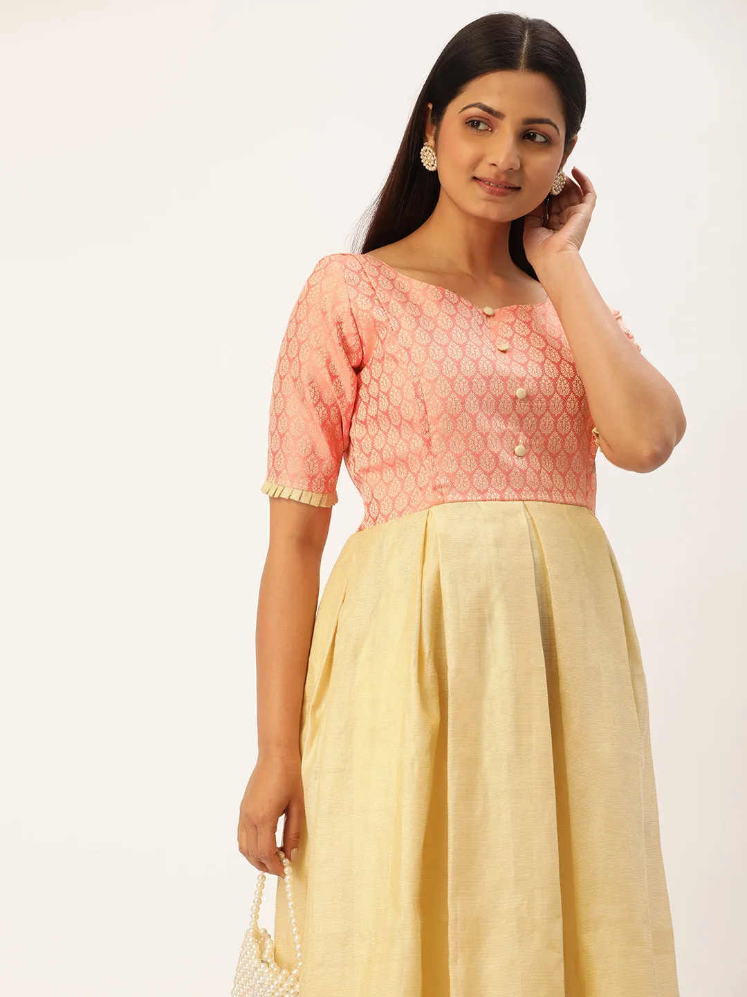 Peach Ethnic Motifs Design Maternity Dress