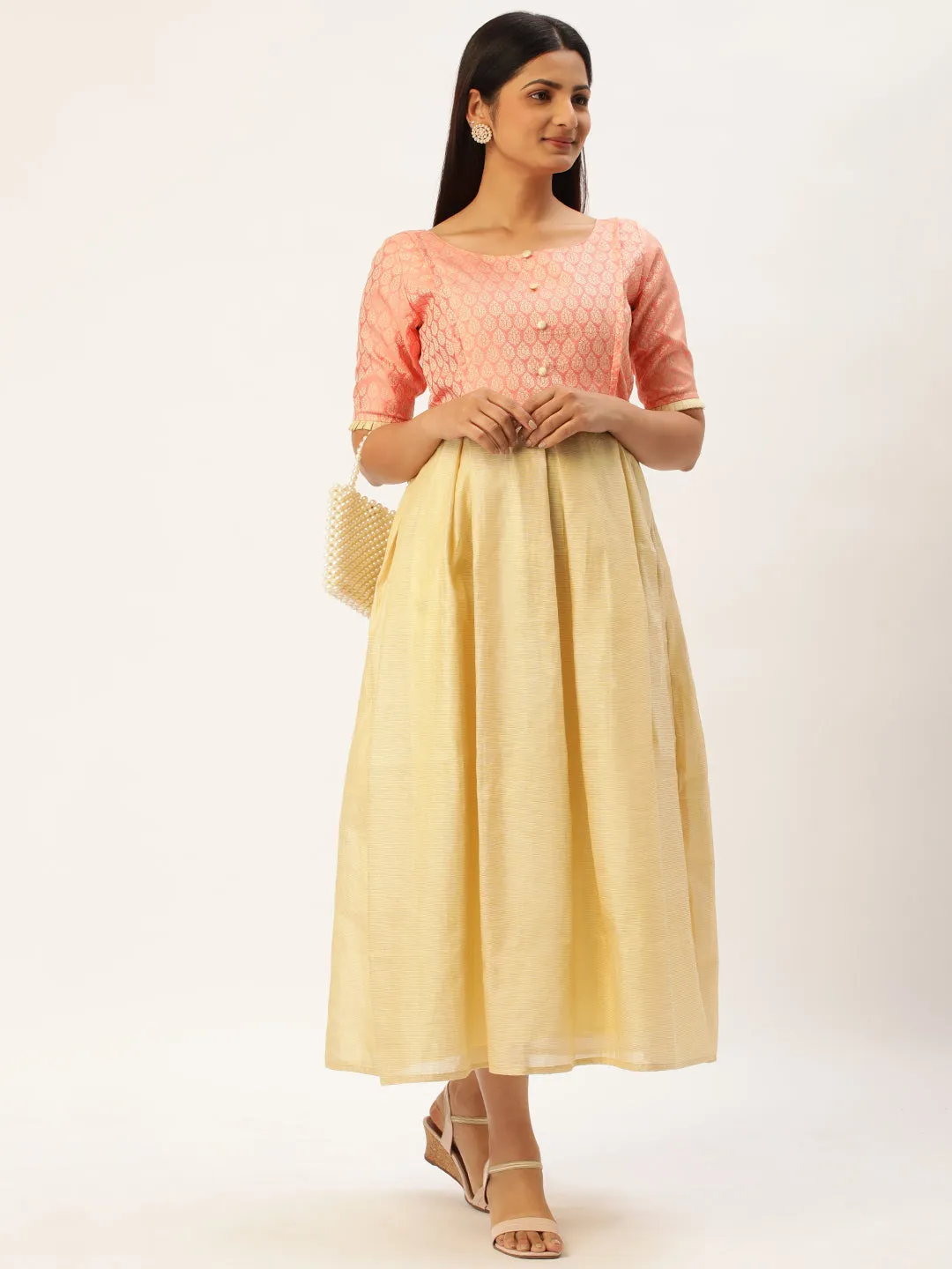 Peach Ethnic Motifs Design Maternity Dress