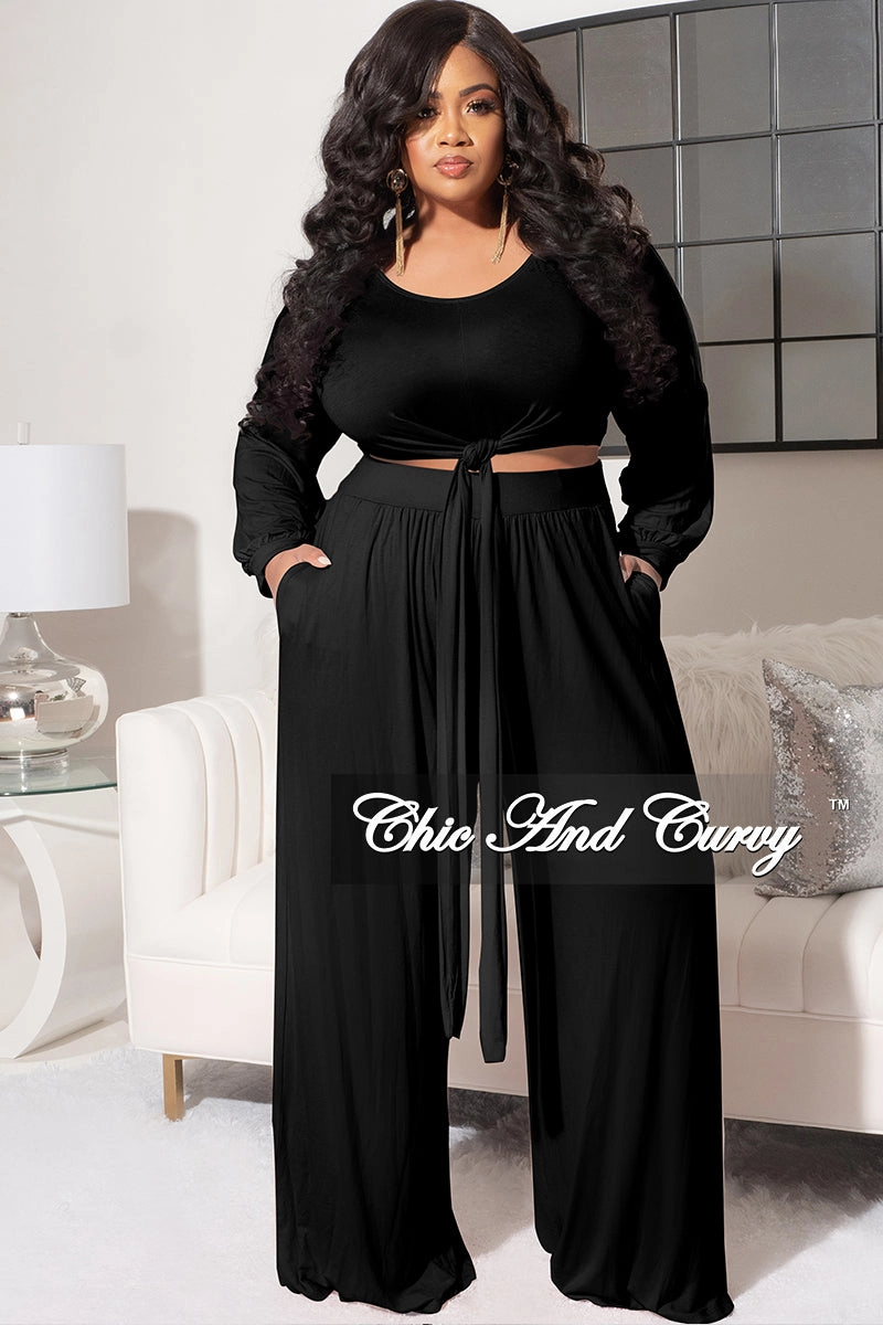 Ergonomic Cut Final Sale Plus Size 2pc Long Sleeve Tie Top and Pants Set in Black