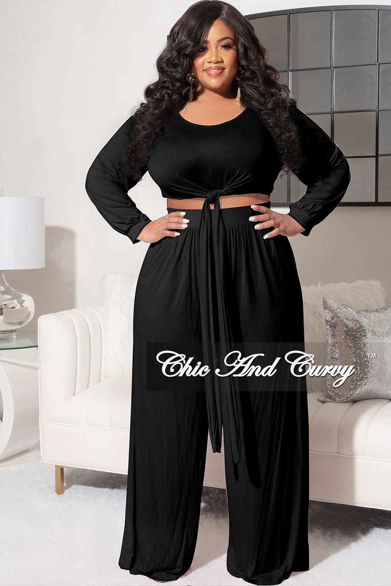 Athletic Flex Wear Final Sale Plus Size 2pc Long Sleeve Tie Top and Pants Set in Black