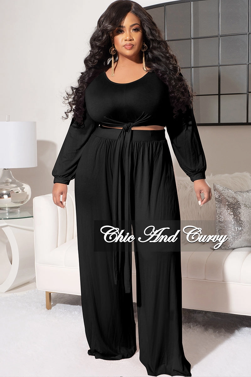 Smooth Texture Plaid detail Final Sale Plus Size 2pc Long Sleeve Tie Top and Pants Set in Black