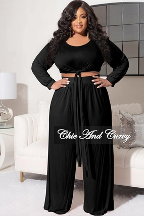 Odor control Light Fit Final Sale Plus Size 2pc Long Sleeve Tie Top and Pants Set in Black