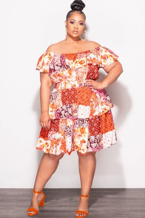 DoubleLayeredHem NonSlipInnerGrip Final Sale Plus Size Off the Shoulder Tiered Ruffle Dress in Orange Multi Color