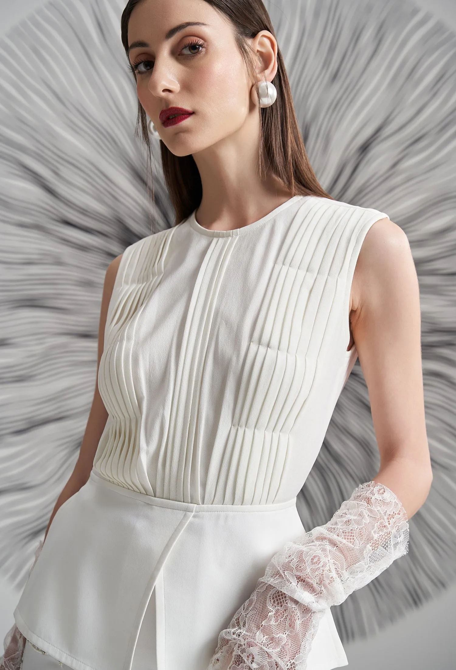 Peplum Top   Front Embellished Trouser Set - White