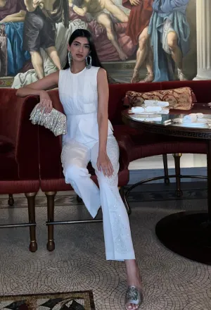 Peplum Top   Front Embellished Trouser Set - White
