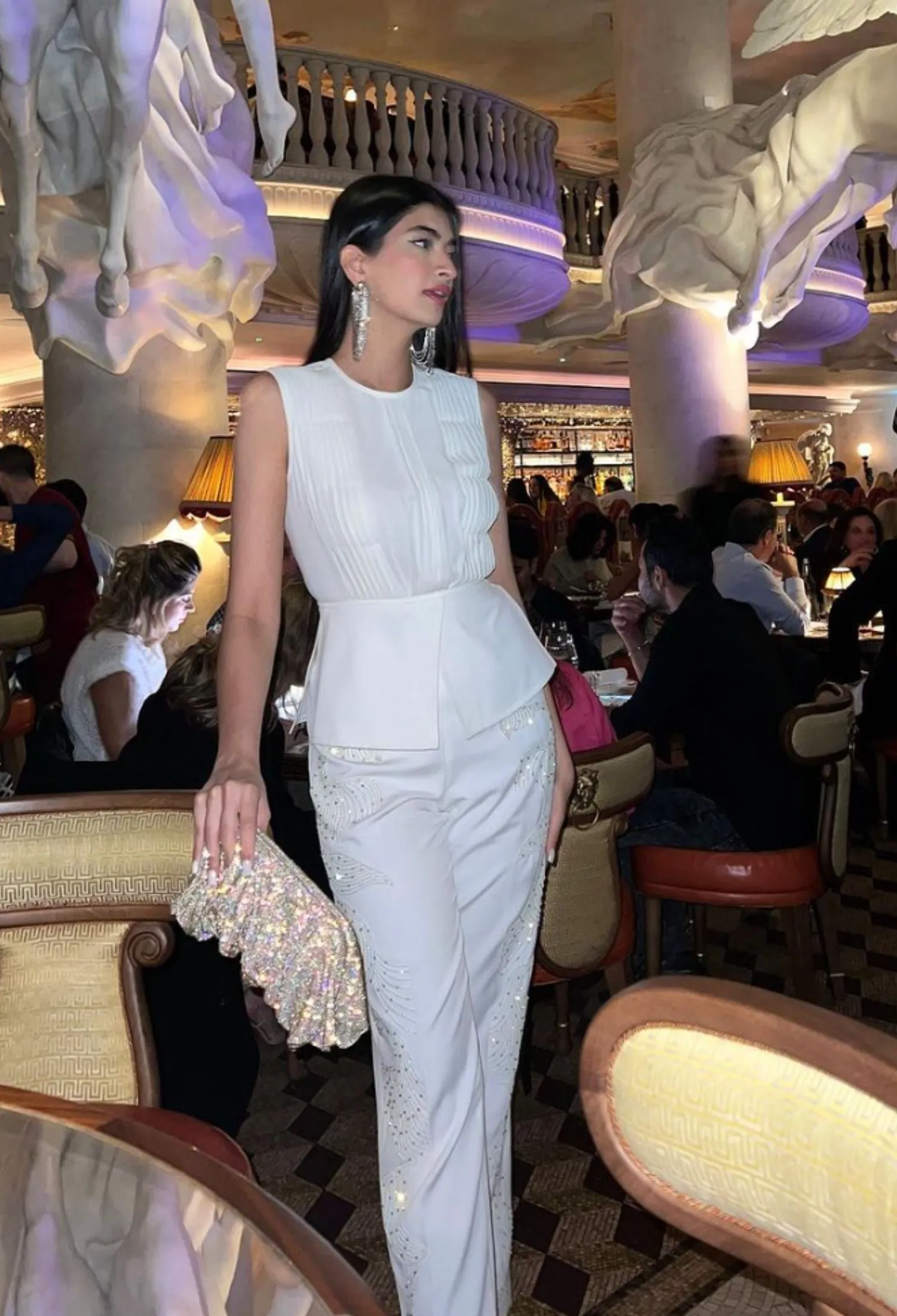 Peplum Top   Front Embellished Trouser Set - White