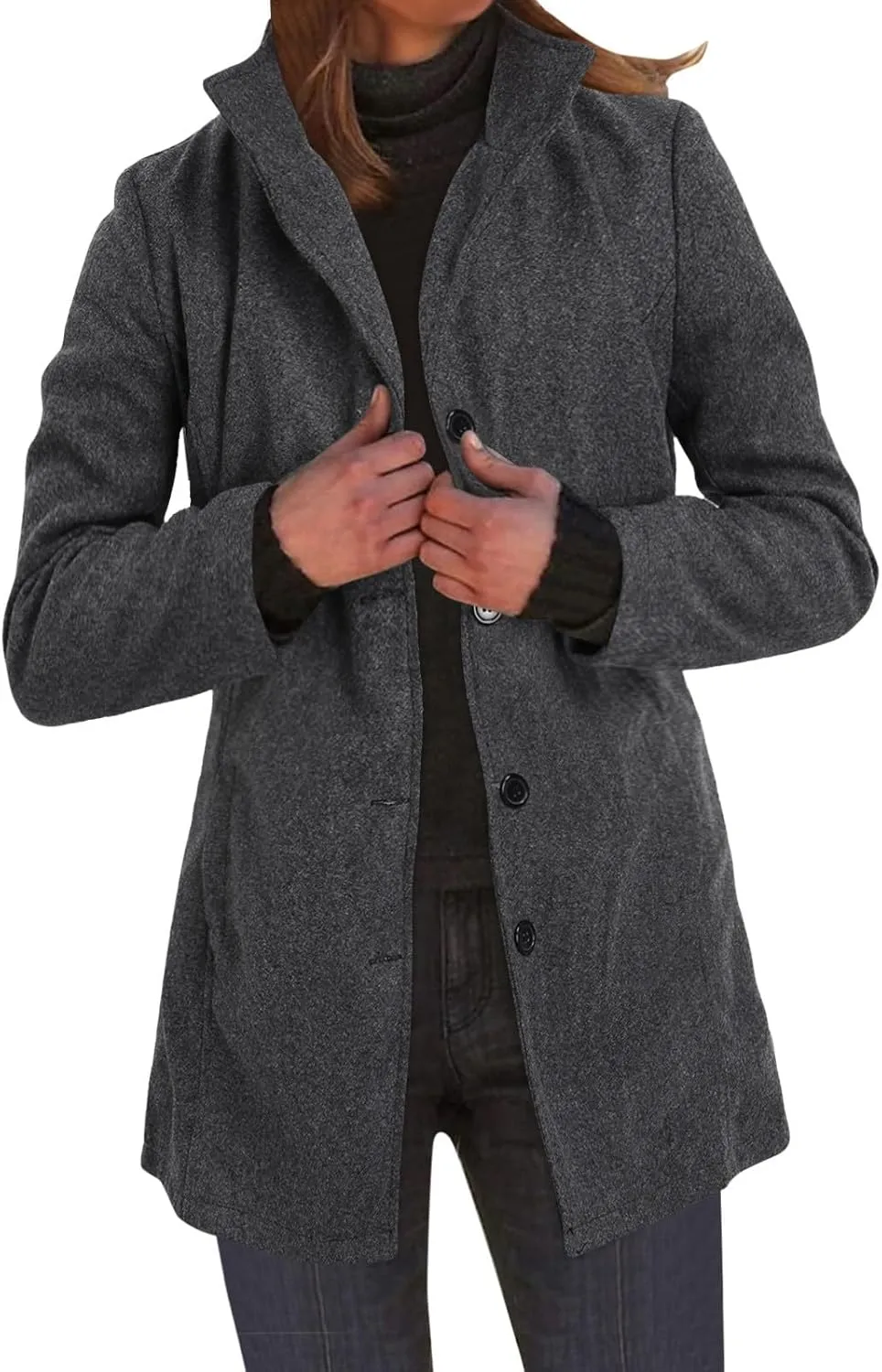 PeQAQ Women's Elegant Blazers Single Breasted Coat 2023 Winter Mid Woolen Overcoat Work Office Pea Jackets Overcoats