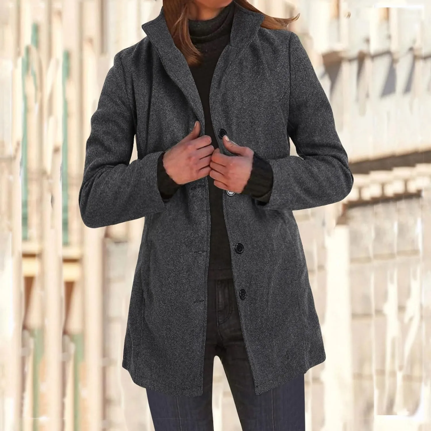 PeQAQ Women's Elegant Blazers Single Breasted Coat 2023 Winter Mid Woolen Overcoat Work Office Pea Jackets Overcoats