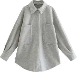 Perbai Women's Oversized Long Sleeve Shacket Jacket Button Down Wool Blend Coat with Pockets