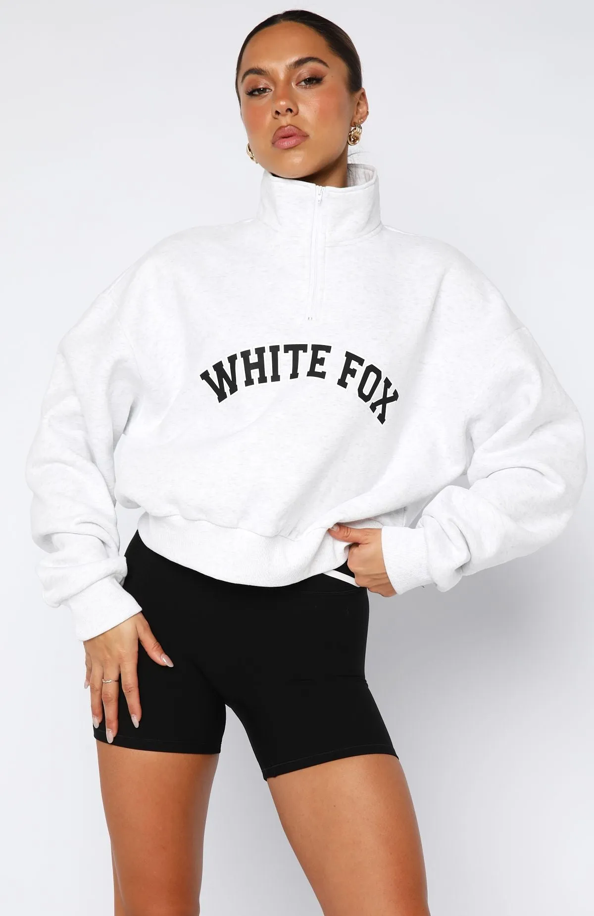 SelfFabric Binding Let The Bells Ring Cropped Quarter Zip Sweater Grey Marle