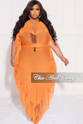 Final Sale Plus Size Mesh Cover-Up Dress with Cutout Front and Fringe Trim in Orange Chilly Comfort