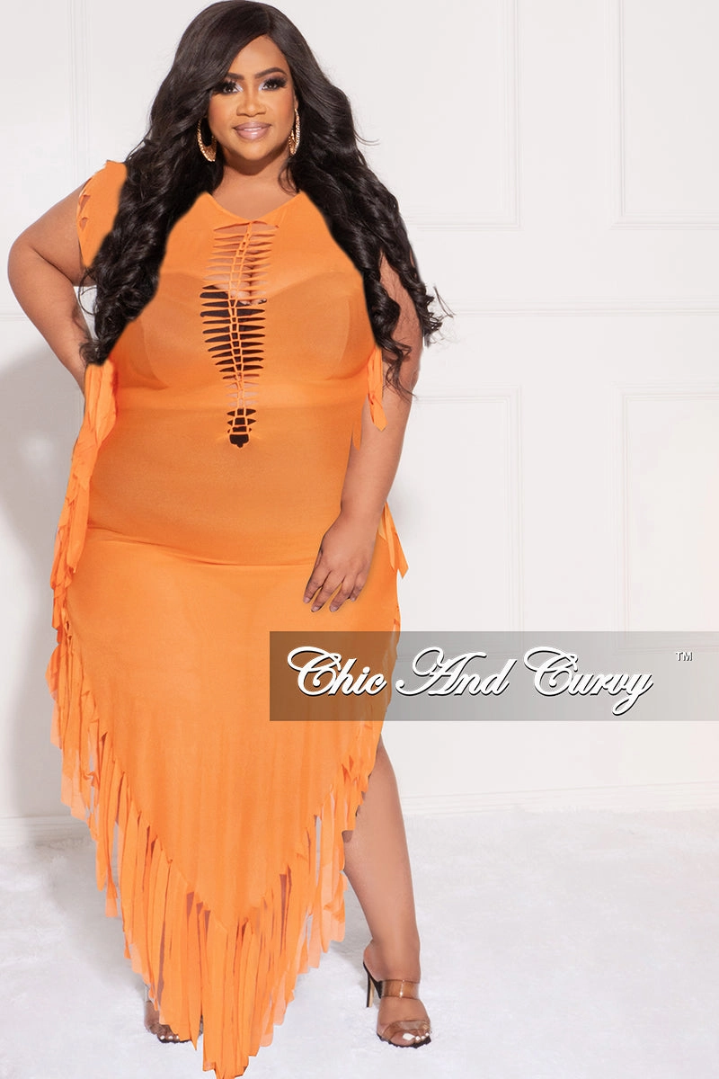 Soft and Stretchy Mesh Lined Final Sale Plus Size Mesh Cover-Up Dress with Cutout Front and Fringe Trim in Orange