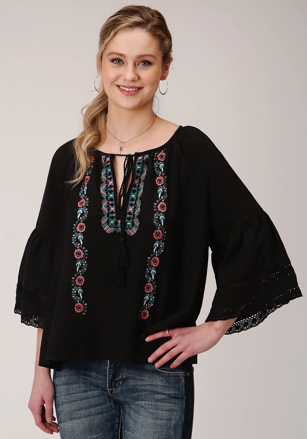Split hem Roper Womens Black 100% Cotton Peasant 3/4 Sleeve Blouse