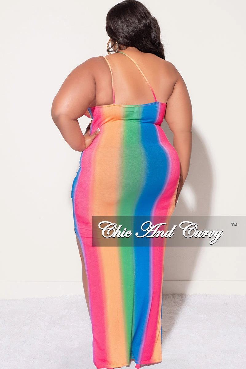 Premium Look Final Sale Plus Size Maxi Dress with Spaghetti Straps in Rainbow Ombre Print
