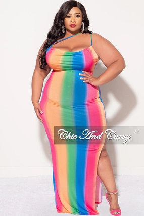 Performance Ready Final Sale Plus Size Maxi Dress with Spaghetti Straps in Rainbow Ombre Print