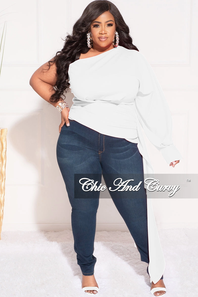 Final Sale Plus Size One Shoulder Top with Side Train in Ivory Fit Freedom Flex Foam Inserts