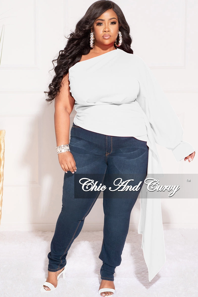 Multi Panel Construction Final Sale Plus Size One Shoulder Top with Side Train in Ivory
