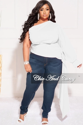 Multi Panel Construction Final Sale Plus Size One Shoulder Top with Side Train in Ivory