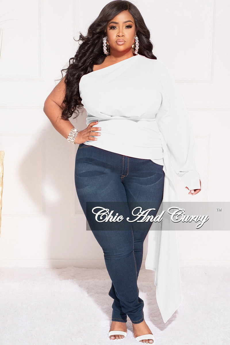 windproof Final Sale Plus Size One Shoulder Top with Side Train in Ivory