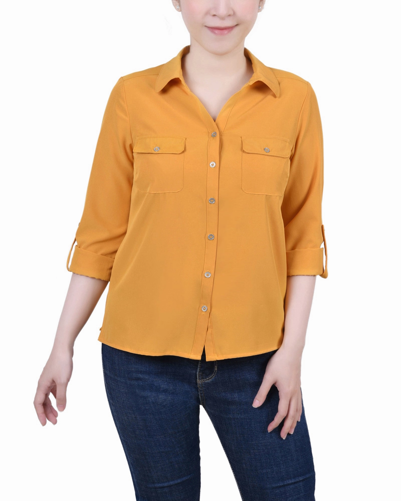3/4 Roll Tab Blouse With Pockets Professional Look WaffleWeave