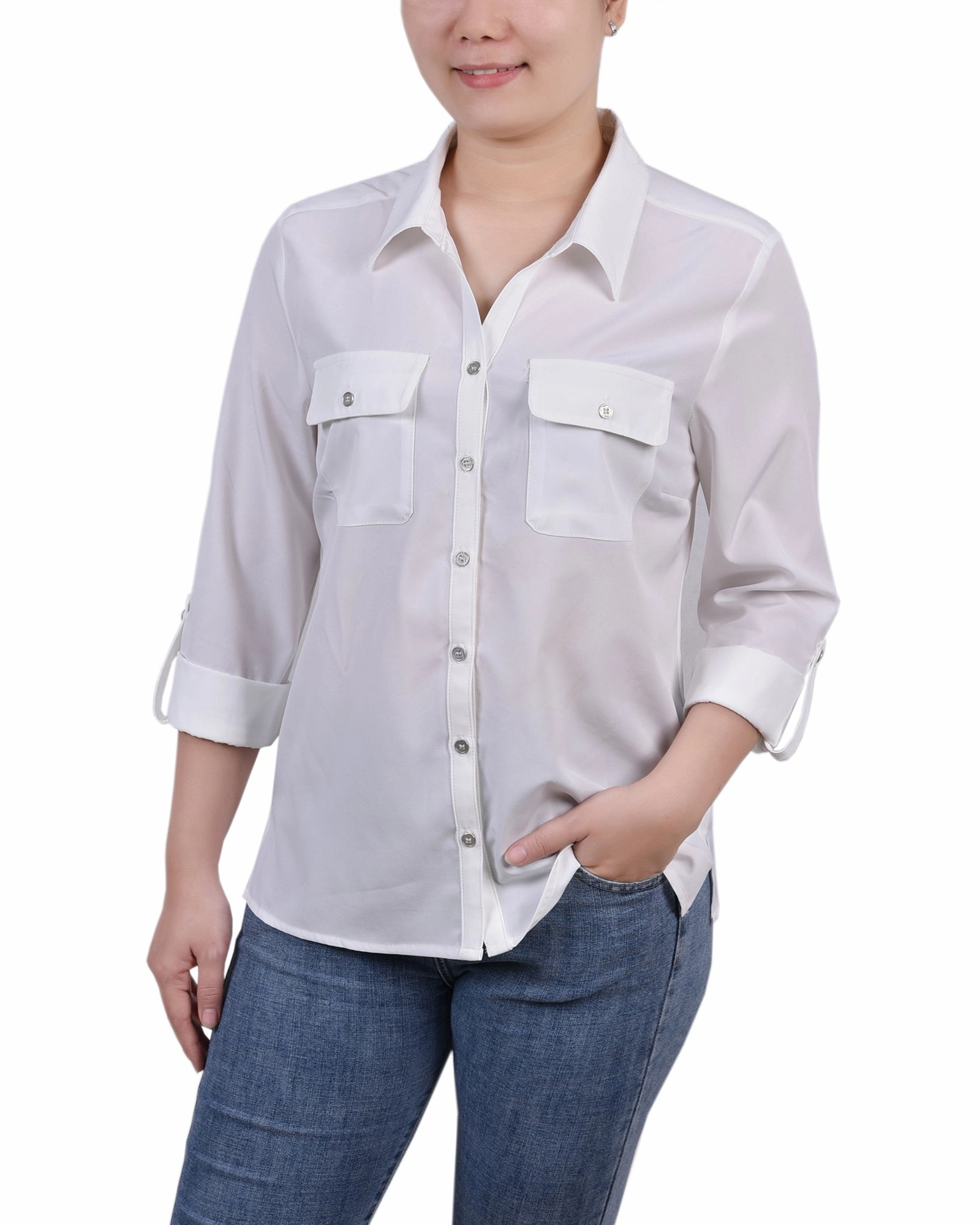 PolishedFinish 3/4 Roll Tab Blouse With Pockets