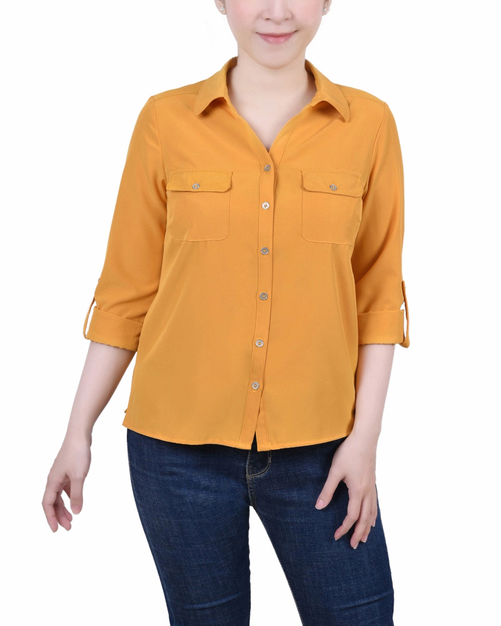 3/4 Roll Tab Blouse With Pockets Breathable fabric