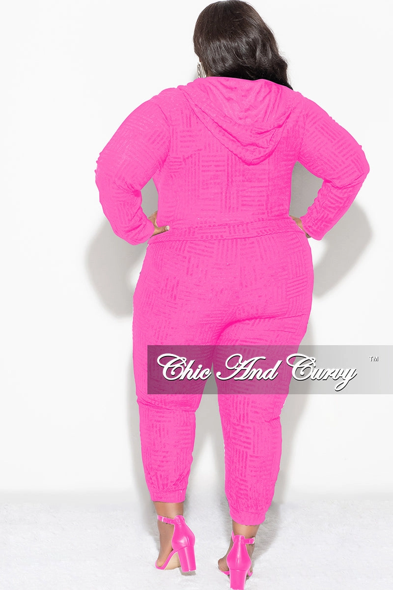 Easy Fit Design Laser Cut Edges Final Sale Plus Size 2pc Hooded Zip-Up Jacket and Pants Set in Fuchsia