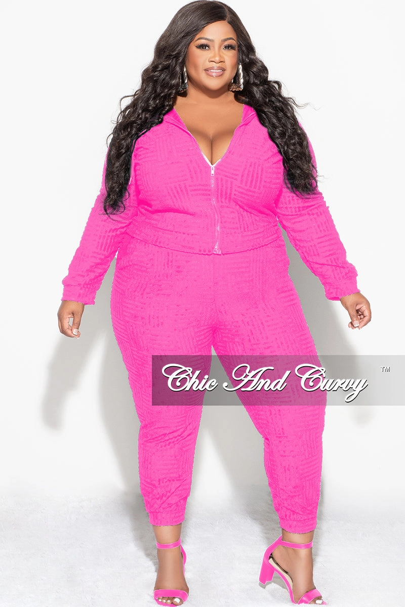 Final Sale Plus Size 2pc Hooded Zip-Up Jacket and Pants Set in Fuchsia Cozy And Stylish