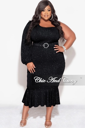 Quick Layer Final Sale Plus Size Shimmer One Shoulder Midi Dress with Bottom Ruffle in Black