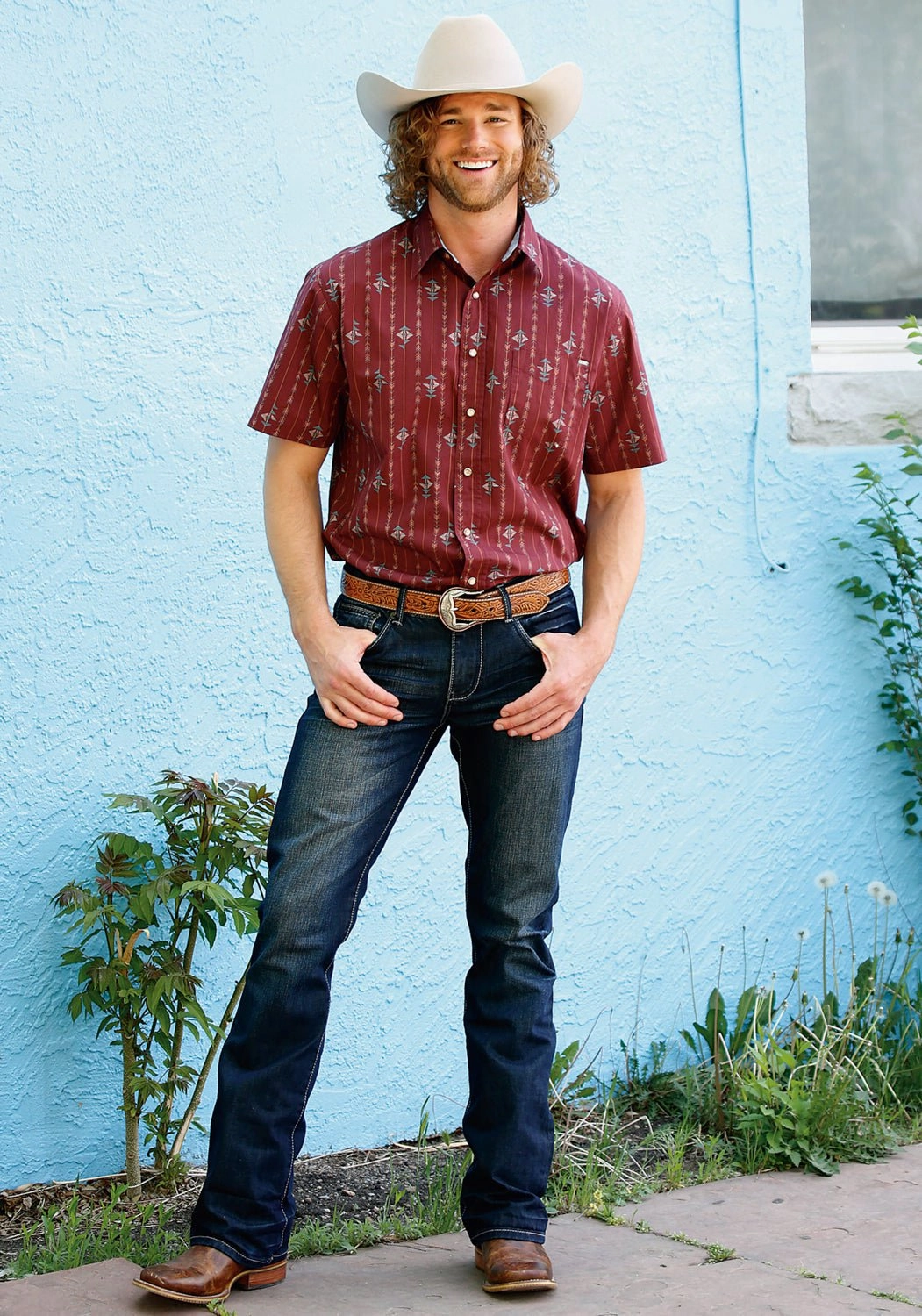 Edgy Fashion Tin Haul Mens Arrow Aztec Stripe Wine 100% Cotton S/S Shirt