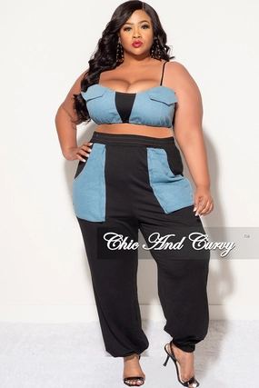 Formal Look Final Sale Plus Size 2pc Spaghetti Strap Crop Top And Pants In Black & Chambray