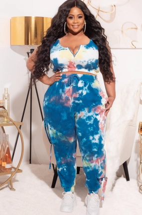 Versatile Wearable Final Sale Plus Size 2pc Set Cropped Tank and Jogger in Blue Tie Dye