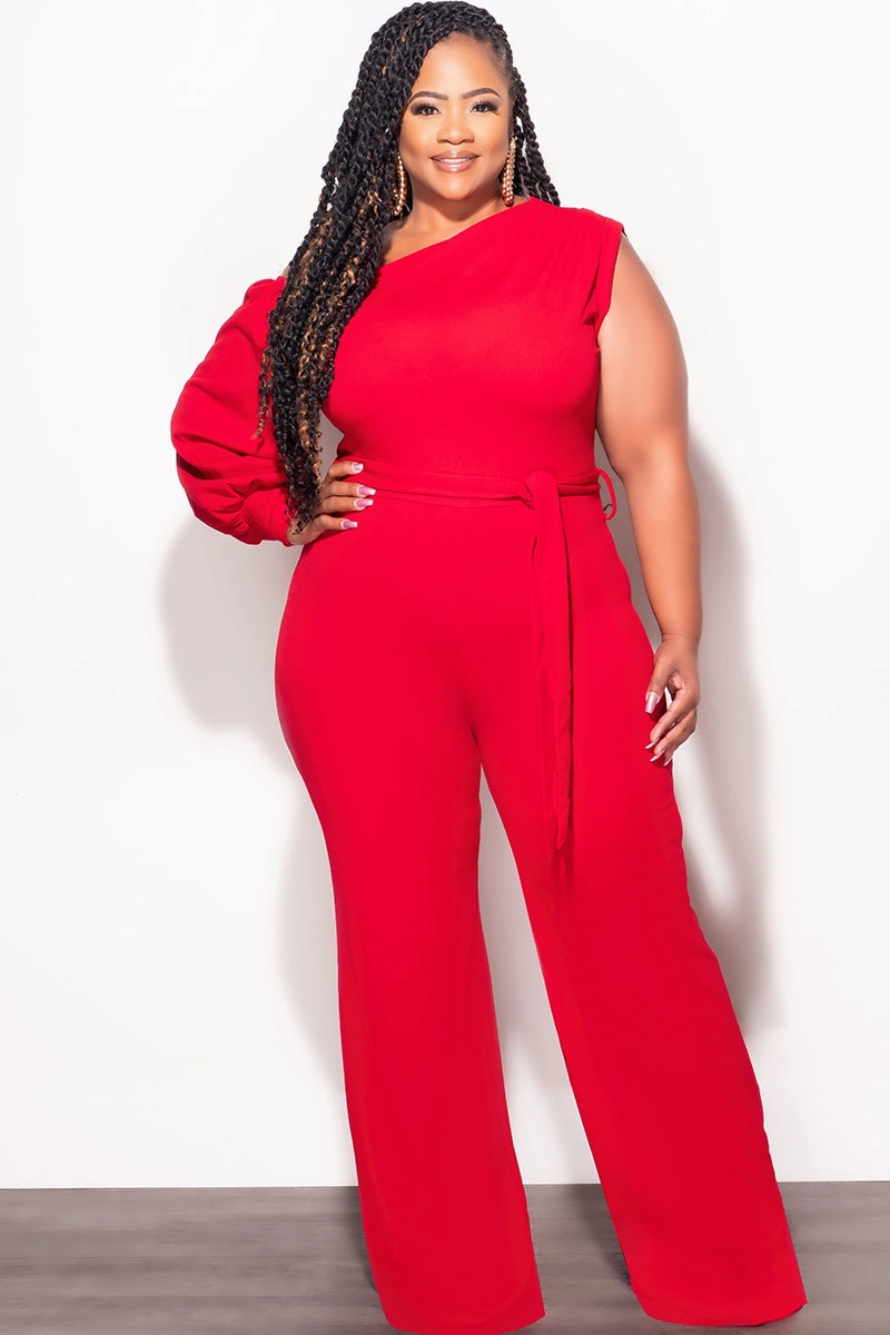 RegularFit Final Sale Plus Size Balloon Sleeve Jumpsuit with Tie in Red
