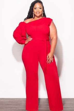 Final Sale Plus Size Balloon Sleeve Jumpsuit with Tie in Red Smart Wear FlexibleMobilityDesign