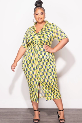 Work Ready High Rise Final Sale Plus Size Collar Button Up BodyCon Dress in Blue, Green & Yellow