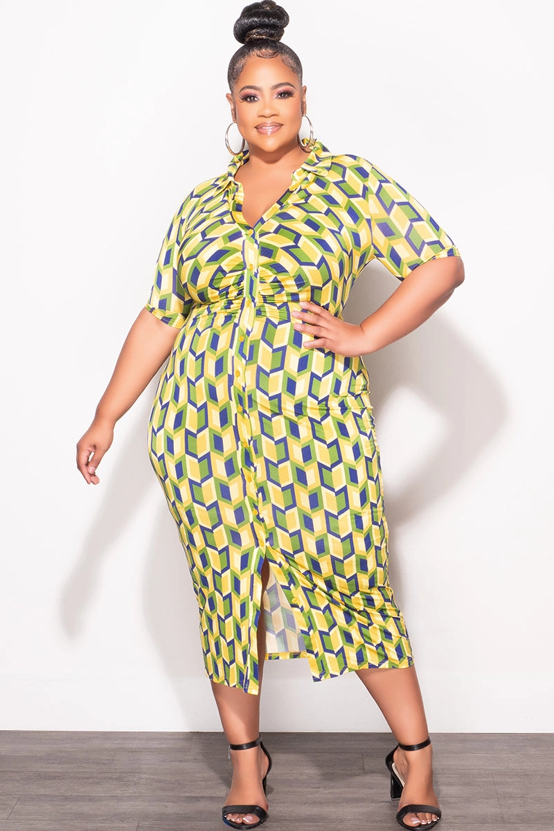 Work Ready High Rise Final Sale Plus Size Collar Button Up BodyCon Dress in Blue, Green & Yellow