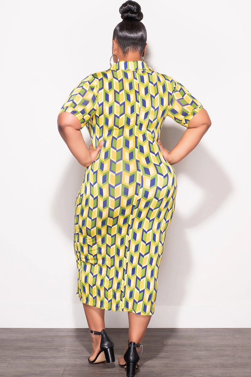 Comfy Active ReinforcedStitching Final Sale Plus Size Collar Button Up BodyCon Dress in Blue, Green & Yellow