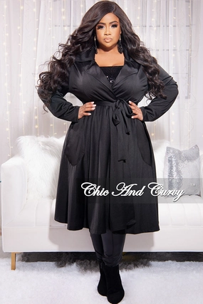 Final Sale Plus Size Trench Coat with Tie in Black Low-rise style