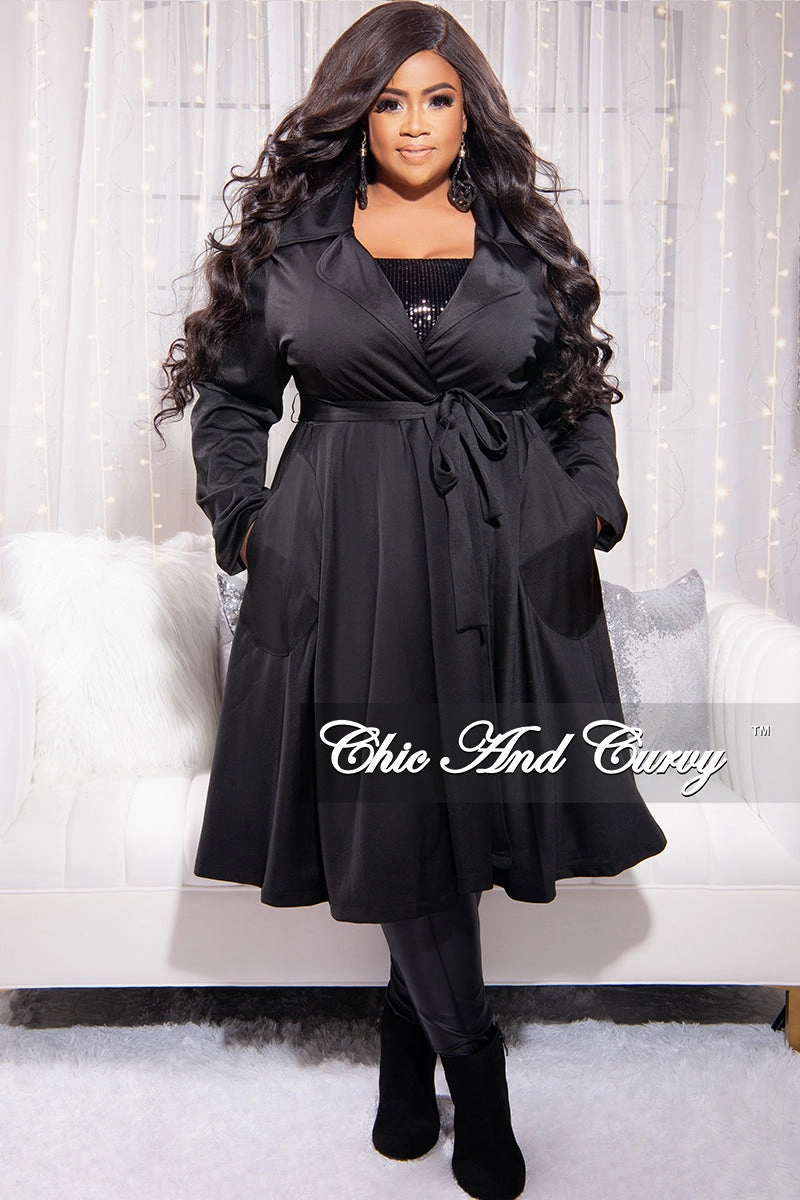 Final Sale Plus Size Trench Coat with Tie in Black Core Stretch