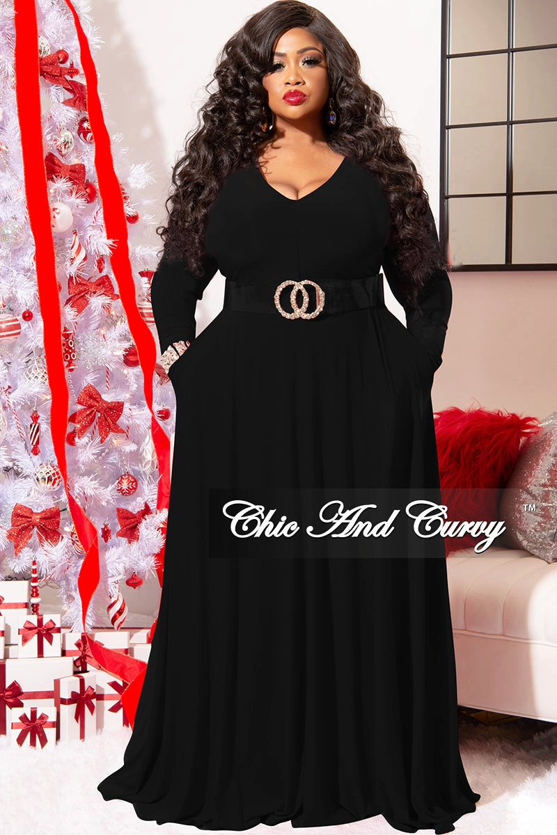Soft Fabric Final Sale Plus Size Long Sleeve Gown with V-Neck in Black