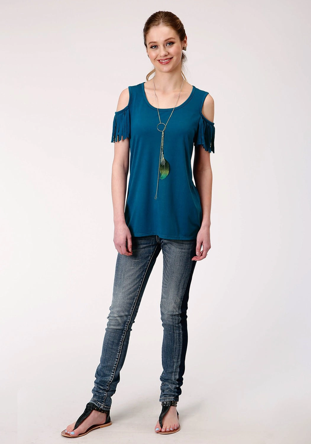 Roper Womens Navy Blue Poly/Rayon Cold Shoulders S/S T-Shirt Luxury Feel Comfort-First