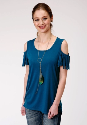 Beach Ready Roper Womens Navy Blue Poly/Rayon Cold Shoulders S/S T-Shirt