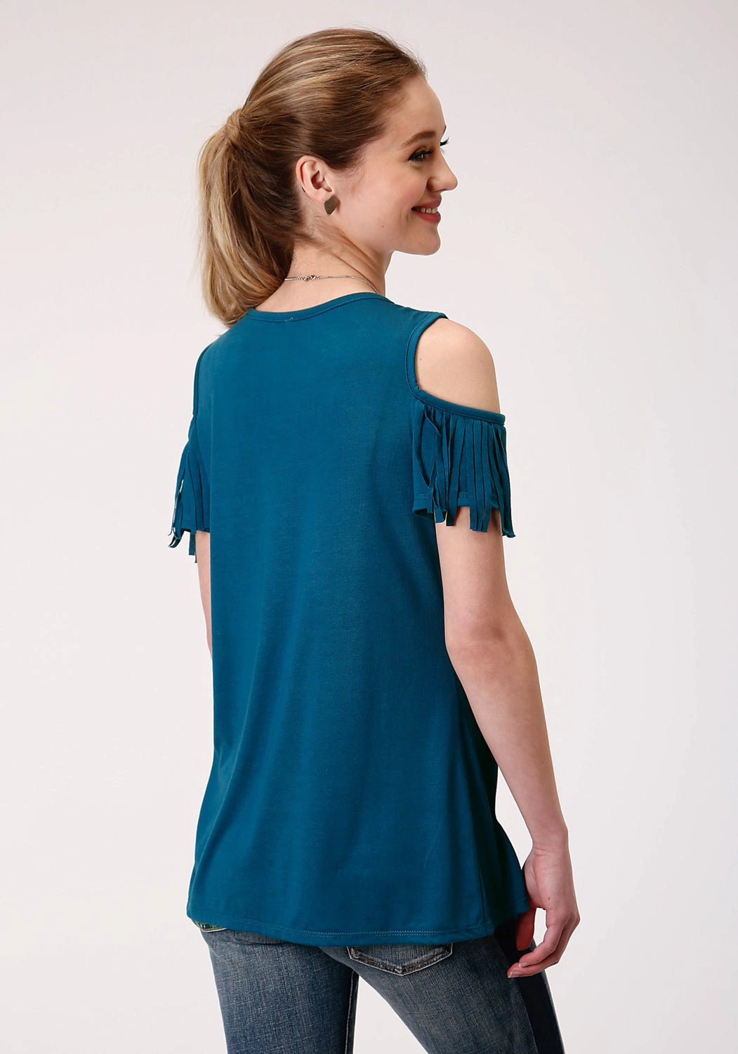 Roper Womens Navy Blue Poly/Rayon Cold Shoulders S/S T-Shirt Chill Wear