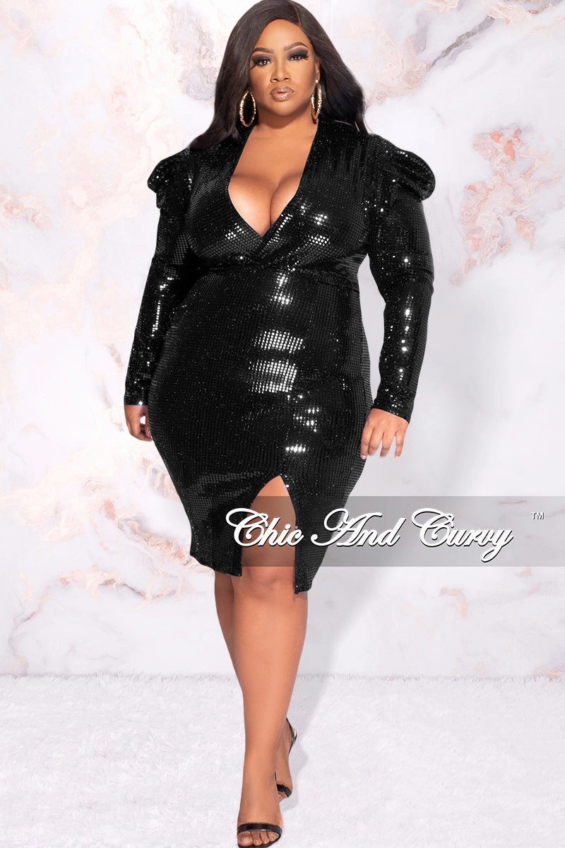 Workout-ready Indoor Comfort Available Online Only - Final Sale Plus Size Faux Sequin Faux Wrap Bodycon  Dress with Slide Slit in Black