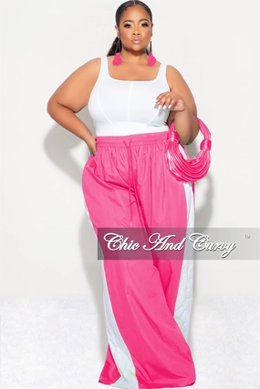 Final Sale Plus Size Oversized Varsity Windbreaker Striped Wide Leg Pants in Pink and White Slim Silhouette SeamlessPocketDesign