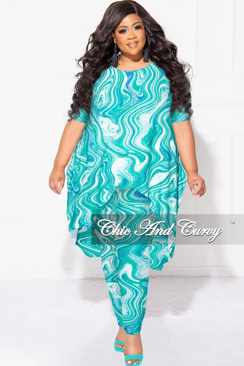 Final Sale Plus Size 2pc Short Sleeve High Low Top And Leggings Set In Green Blue and White Timeless Appeal Perfect Length