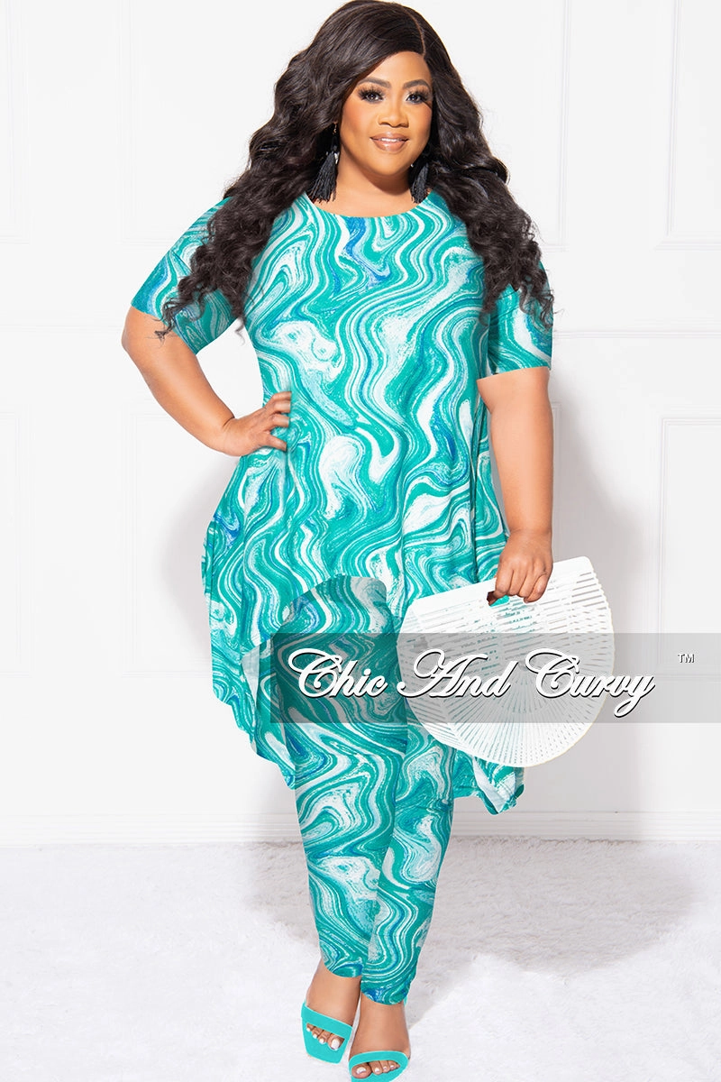 Final Sale Plus Size 2pc Short Sleeve High Low Top And Leggings Set In Green Blue and White Fashion Forward All terrain
