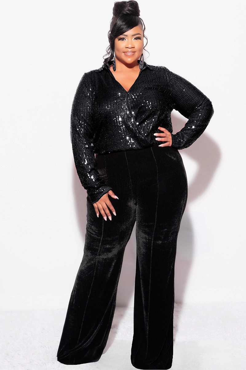 Final Sale Plus Size Long Sleeve Sequin Top Elastic At The Waist - Black Gripper Waistband Anti Bacterial Treatment