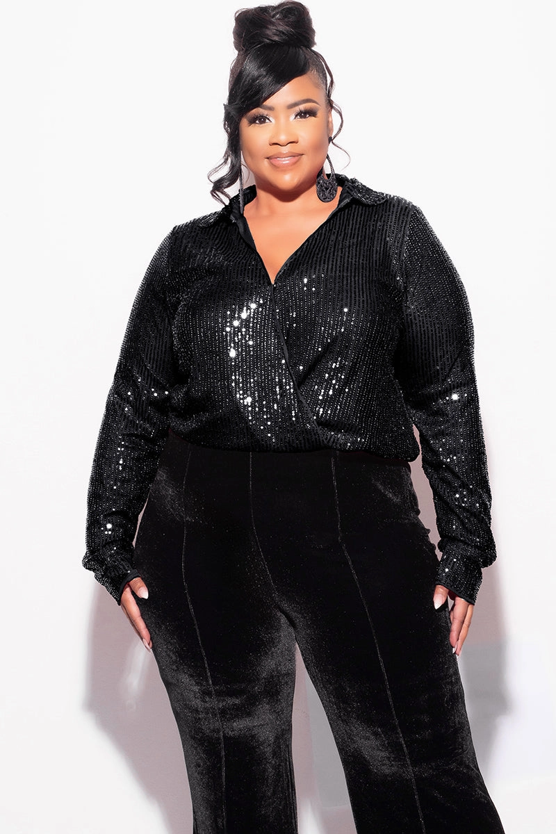 Comfy Wearable Final Sale Plus Size Long Sleeve Sequin Top Elastic At The Waist - Black